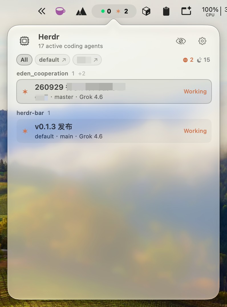 Dashboard popover with session chips and Working rows