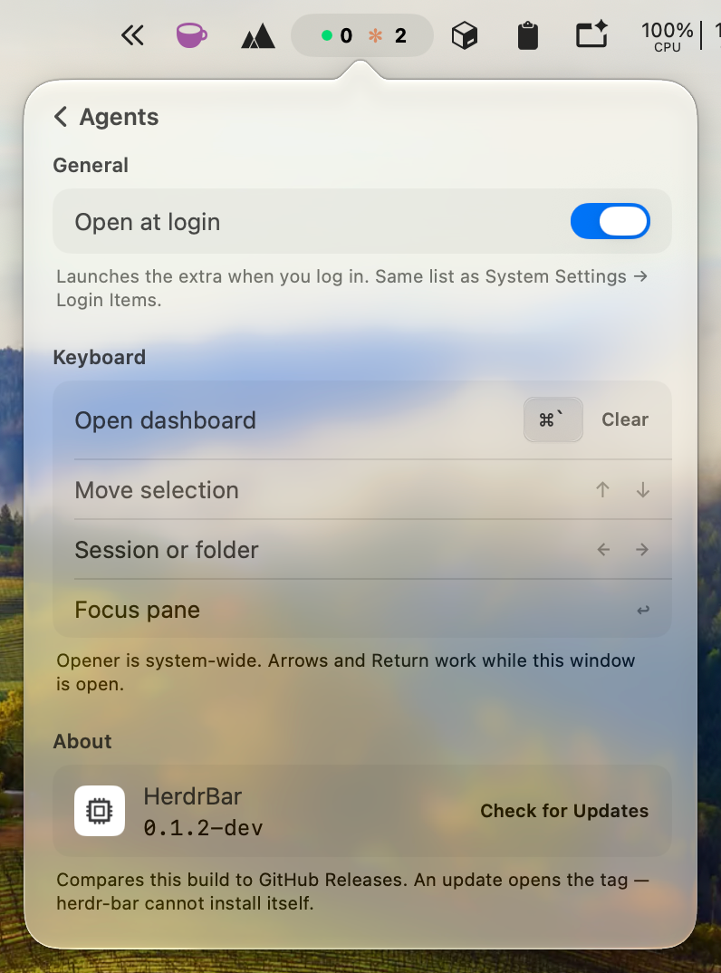 Settings: Open at login, keyboard, About